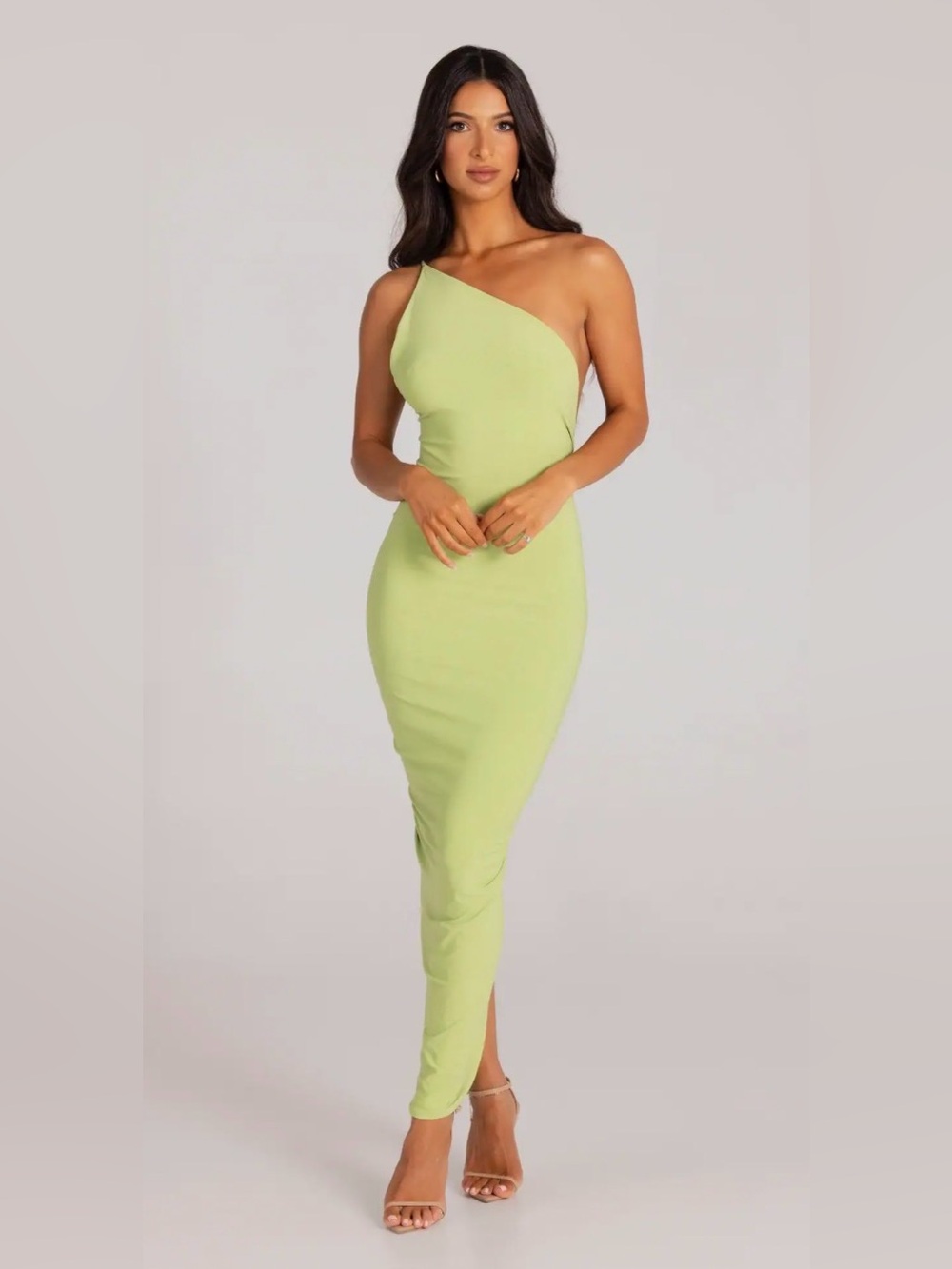 Backless One-Shoulder Lime Green Midi Bodycon Dress